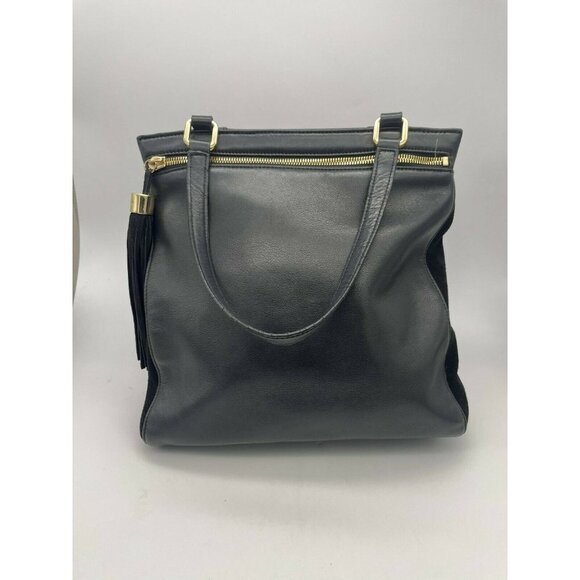 Margot Women's Genuine Leather Shoulder Handbag Tasseled Zip Closure Black Large